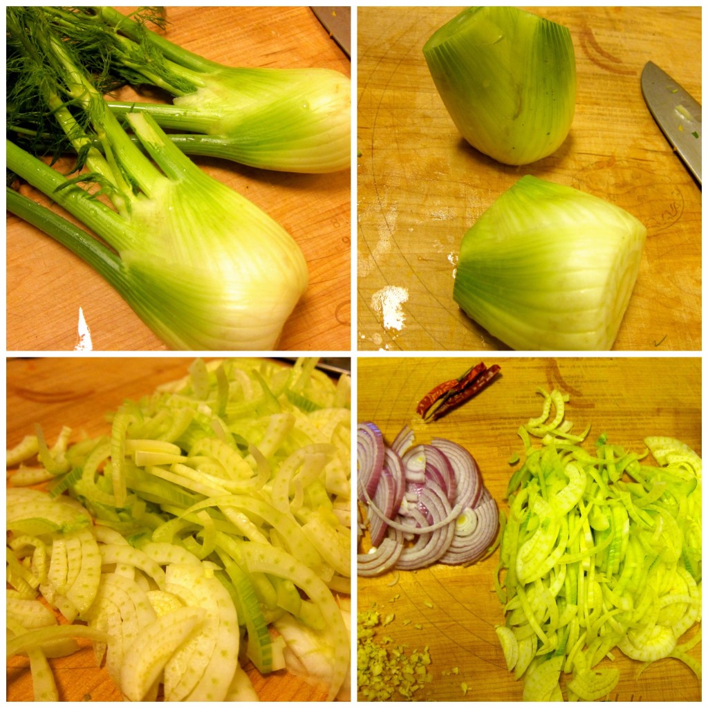 Chop the fennel, onion, chile, and garlic.