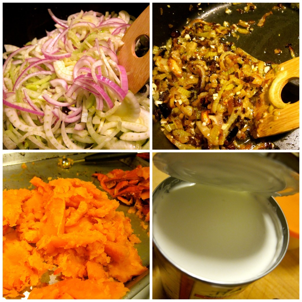 Caramelize the fennel and onion. Peel the roasted squash.