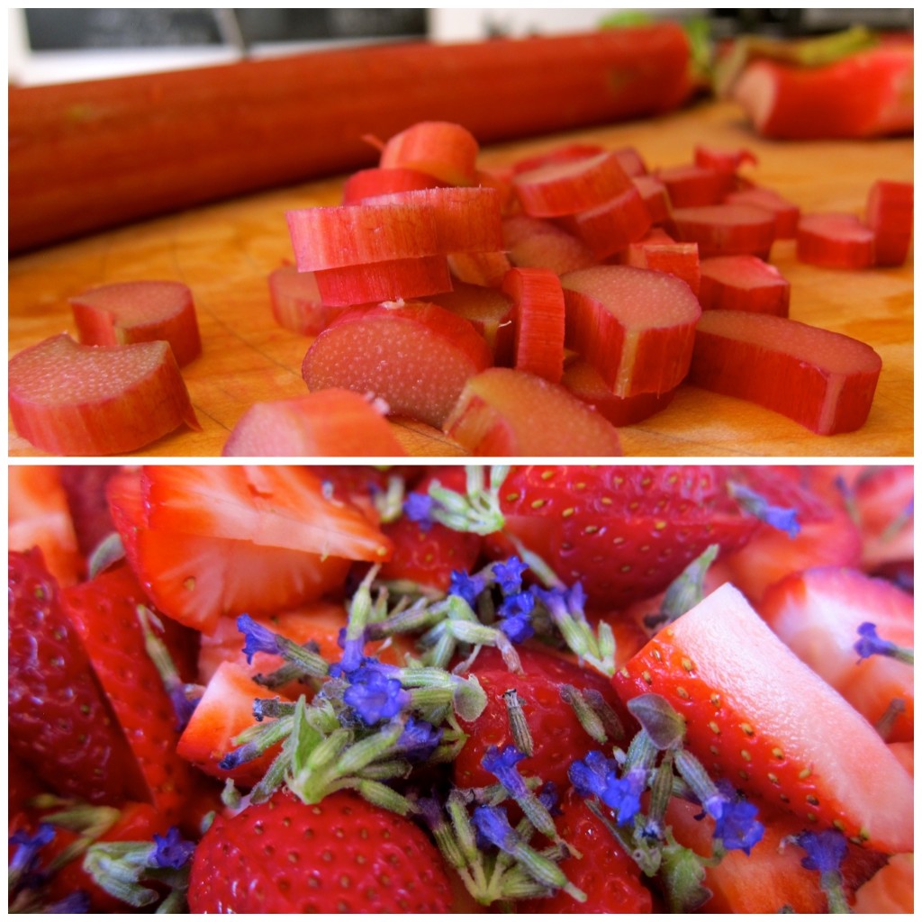 Chop the rhubarb and strawberries and pinch off the lavender flowers.