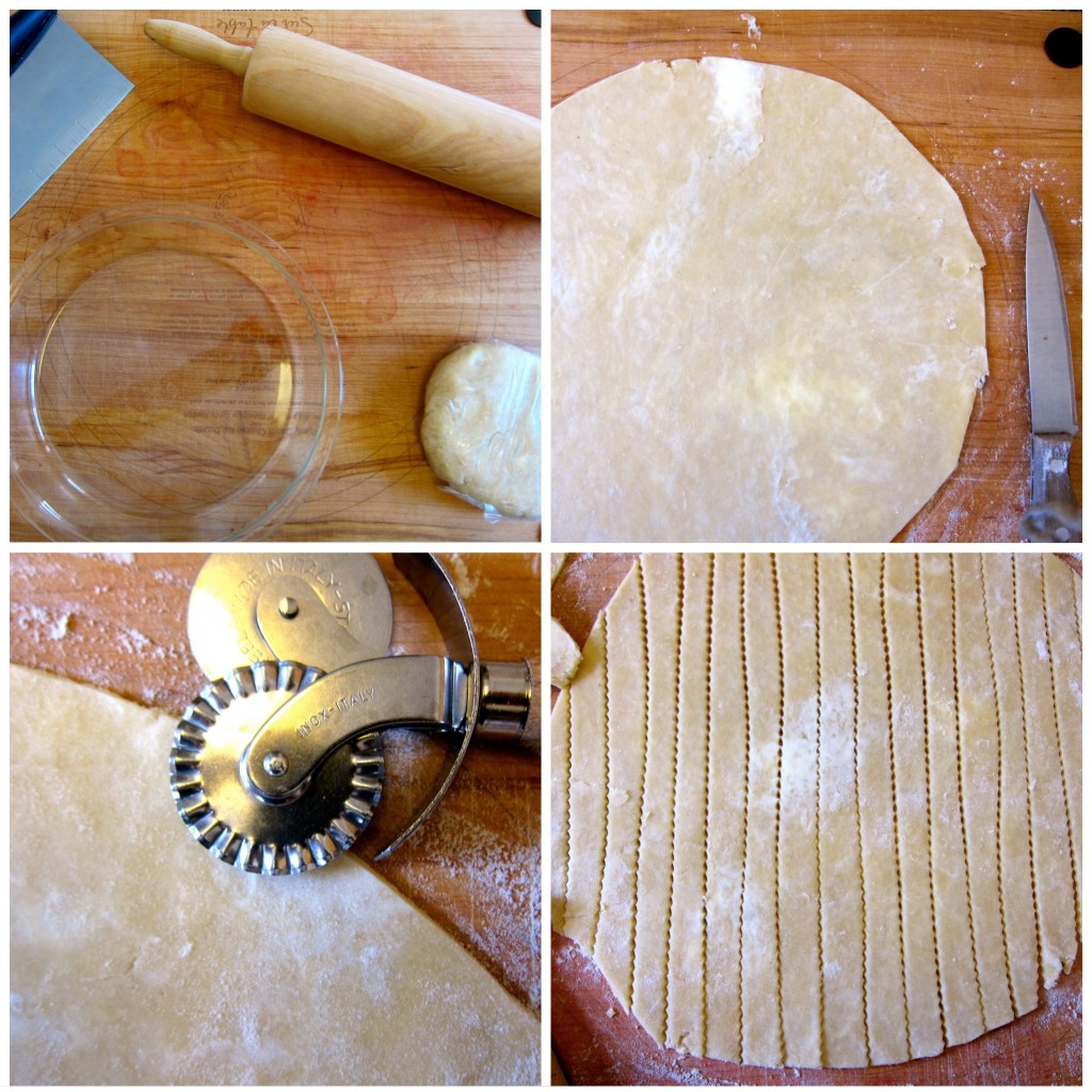 Roll out very chilled pastry crust and cut strips with fluted cutter.