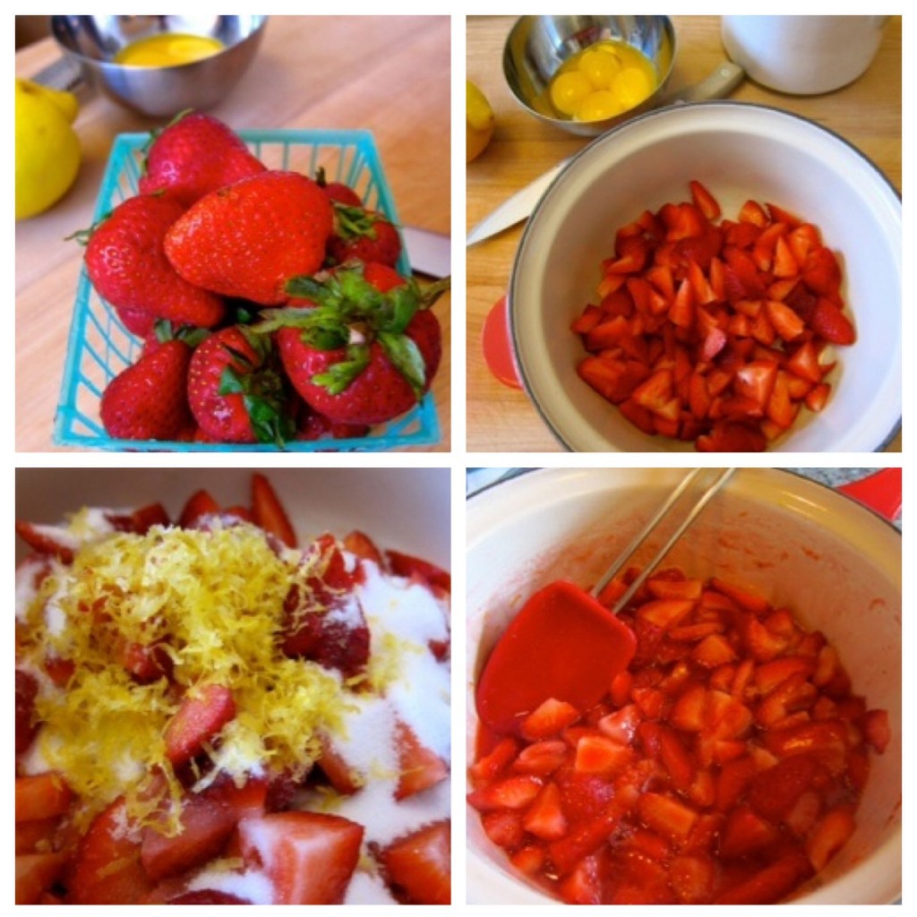 Slice stawberries, combine with lemon juice, lemon zest, and sugar. Cook in saucepan.